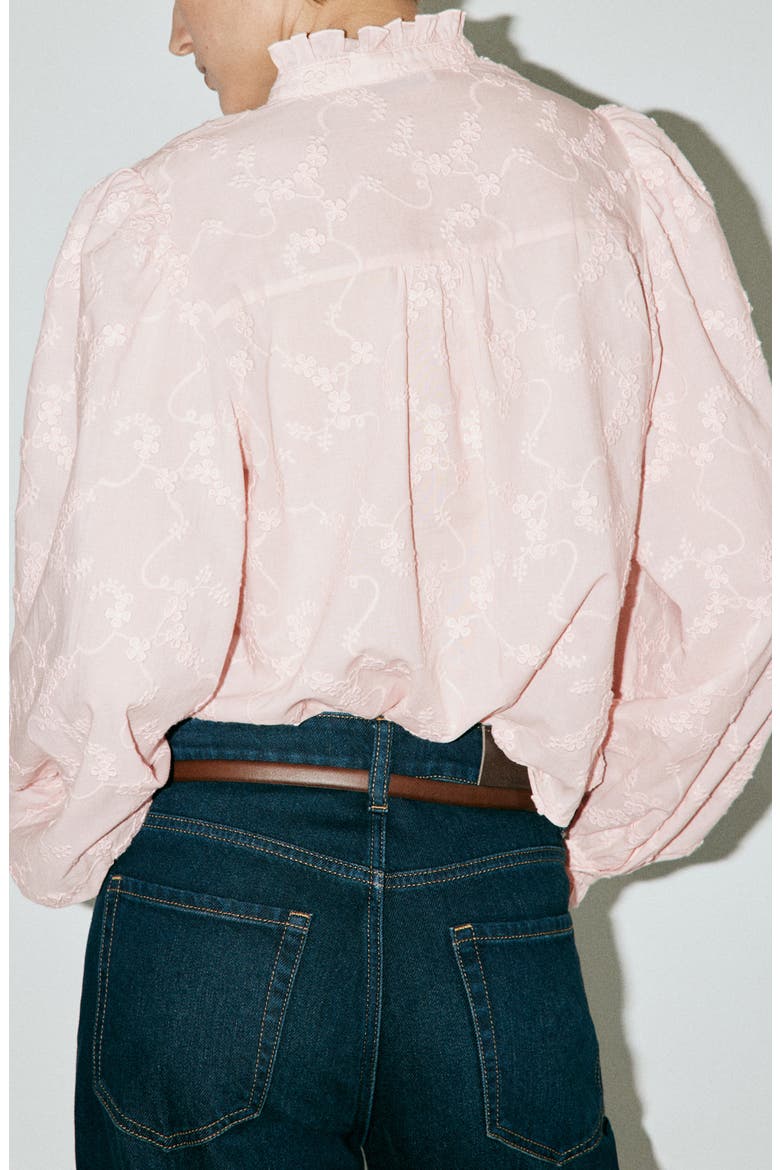 Embroidered Puff Sleeve Cotton Shirt, Alternate, color, PINK
