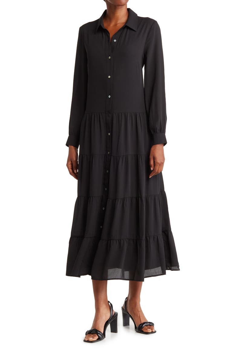 Long Sleeve Tiered Shirtdress, Main, color, BLACK