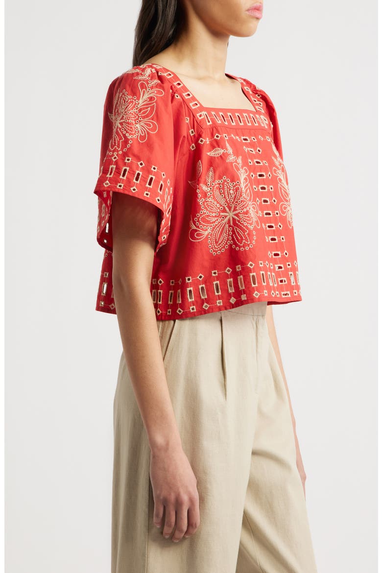 Laine Embroidered Eyelet Square Neck Cotton Top, Alternate, color, TERRACOTTA