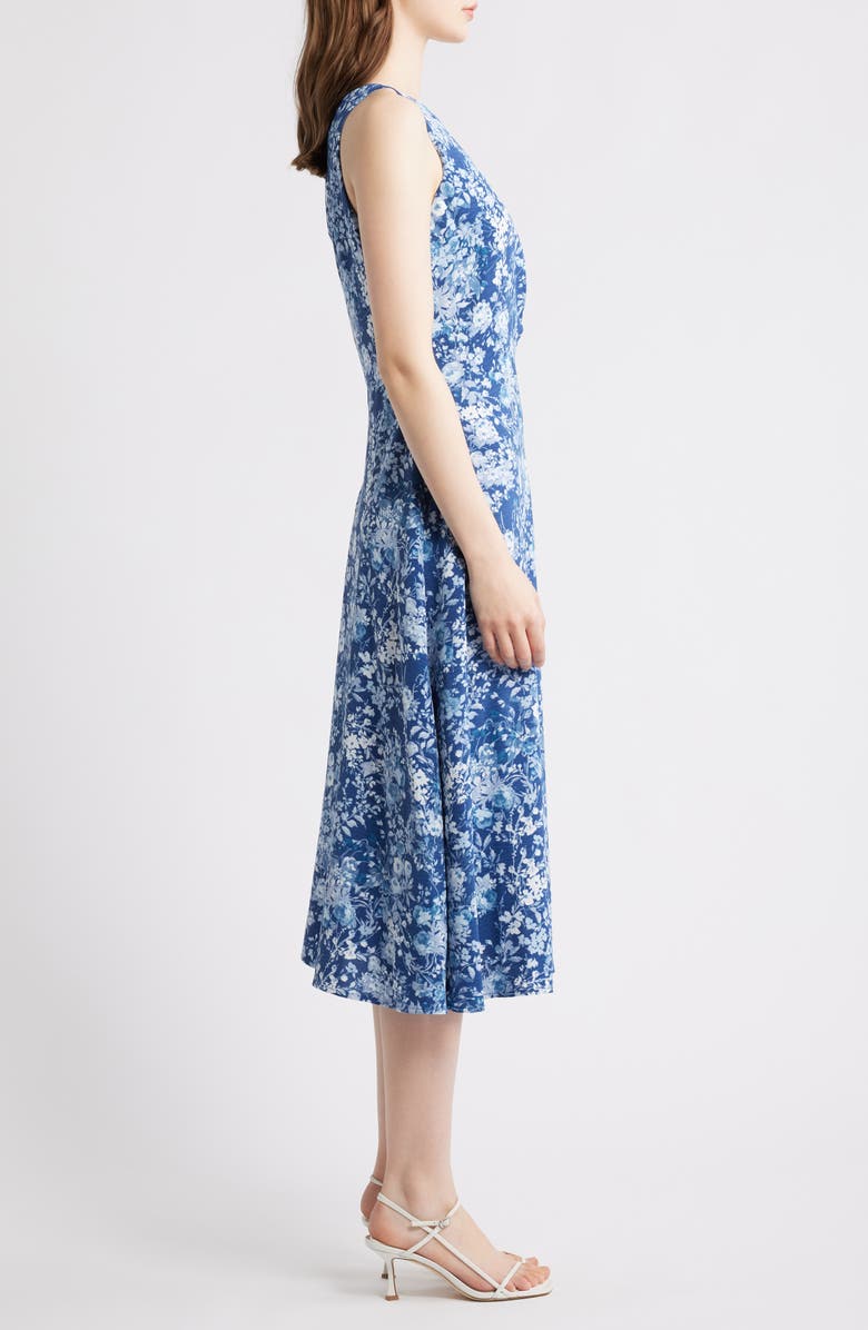 Connected Apparel Floral Pleat Waist Sleeveless Midi Dress, Alternate, color, Demin
