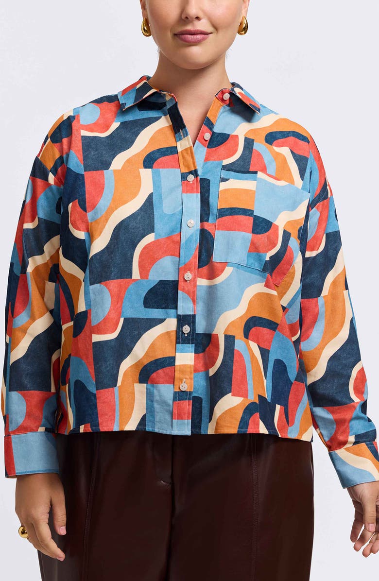 Foxcroft Marina Geo Print Cotton Corduroy Button-Up Shirt, Main, color, Beige