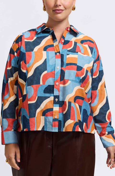 Marina Geo Print Cotton Corduroy Button-Up Shirt (Plus)