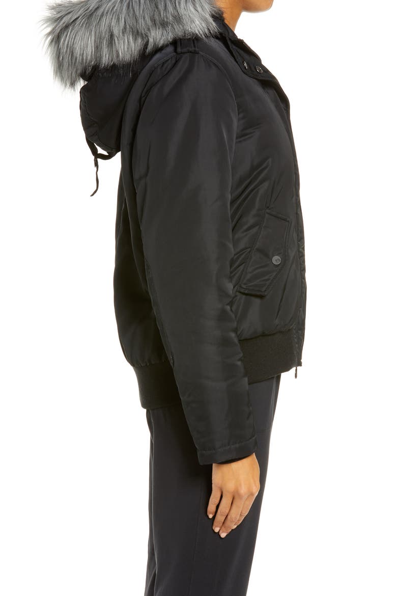 Flight Hooded Bomber Jacket with Faux Fur Trim, Alternate, color, BLACK