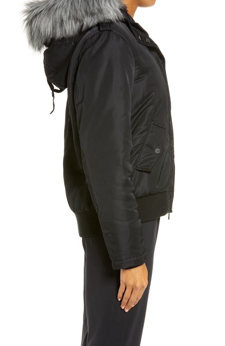 Blanc Noir Flight Hooded Bomber Jacket with Faux Fur Trim, Alternate, color,