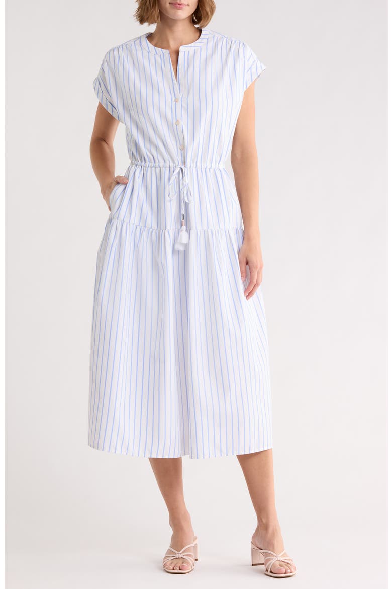 Blake Button Front Striped Poplin Dress, Main, color, BLUE/ WHITE STRIPE