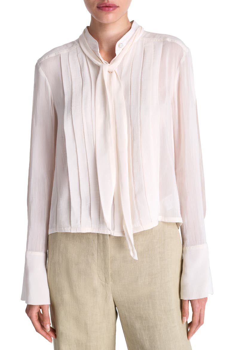 Patti Tie Neck Pleat Detail Cotton & Silk Button-Up Shirt, Main, color, IVORY