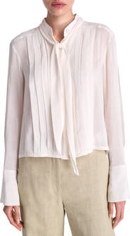 TWP Patti Tie Neck Pleat Detail Cotton & Silk Button-Up Shirt