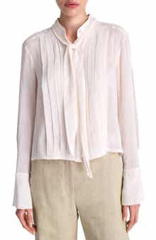 Patti Tie Neck Pleat Detail Cotton & Silk Button-Up Shirt
