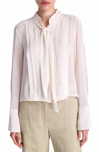 Patti Tie Neck Pleat Detail Cotton & Silk Button-Up Shirt