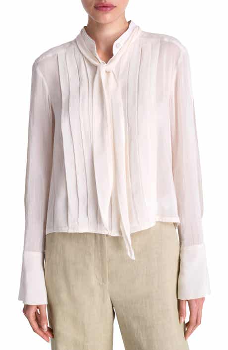 Patti Tie Neck Pleat Detail Cotton & Silk Button-Up Shirt