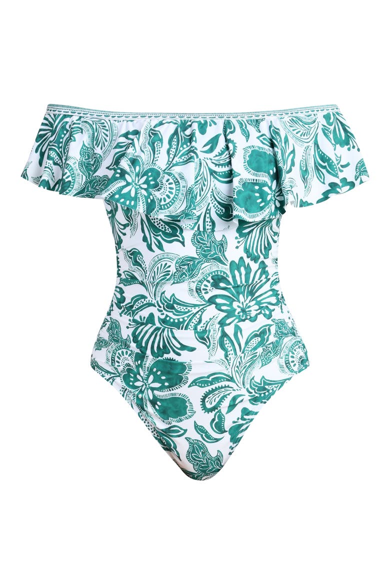 Botanical Brocade Ruffle Off the Shoulder One-Piece Swimsuit, Alternate, color, JUNGLE