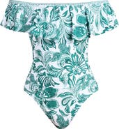 La Blanca Botanical Brocade Ruffle Off the Shoulder One-Piece Swimsuit