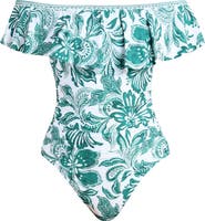 La Blanca Botanical Brocade Ruffle Off the Shoulder One-Piece Swimsuit
