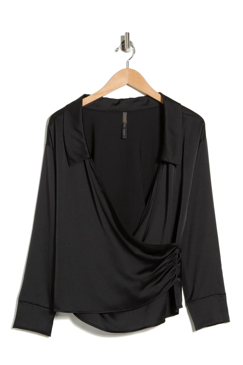 Faux Wrap Satin Top, Alternate, color, BLACK