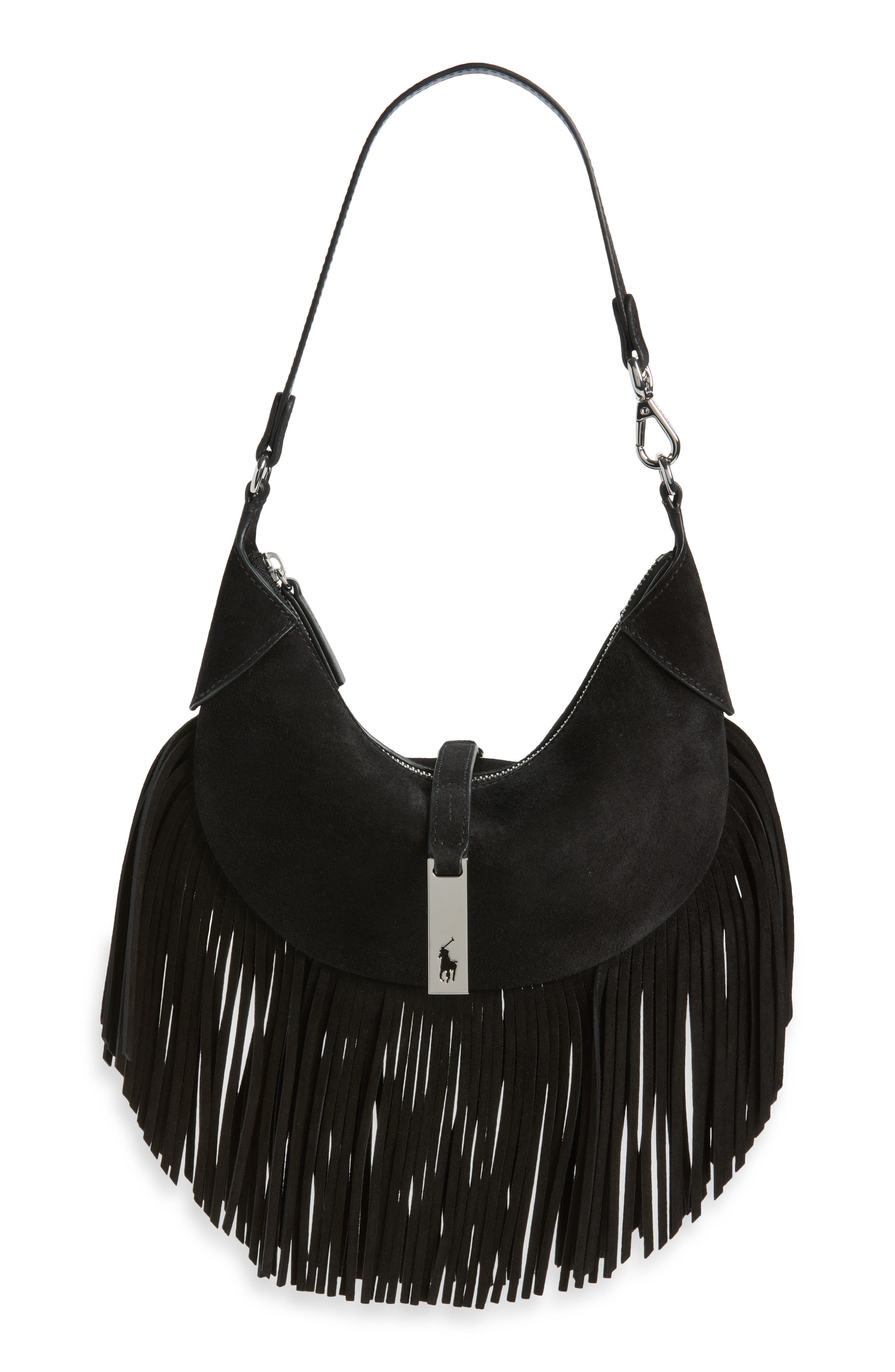 Fringe Suede Hobo Bag, Main, color, BLACK