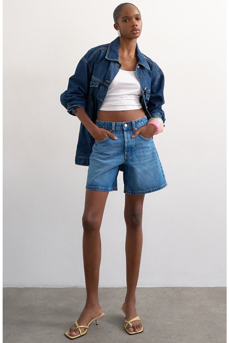 Editor Mid Rise Cotton Denim Shorts, Main, color, BLUE