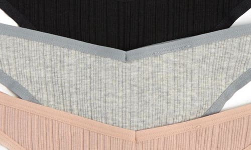Shop Calvin Klein Refined Ribbed Thongs In Black/grey/beige