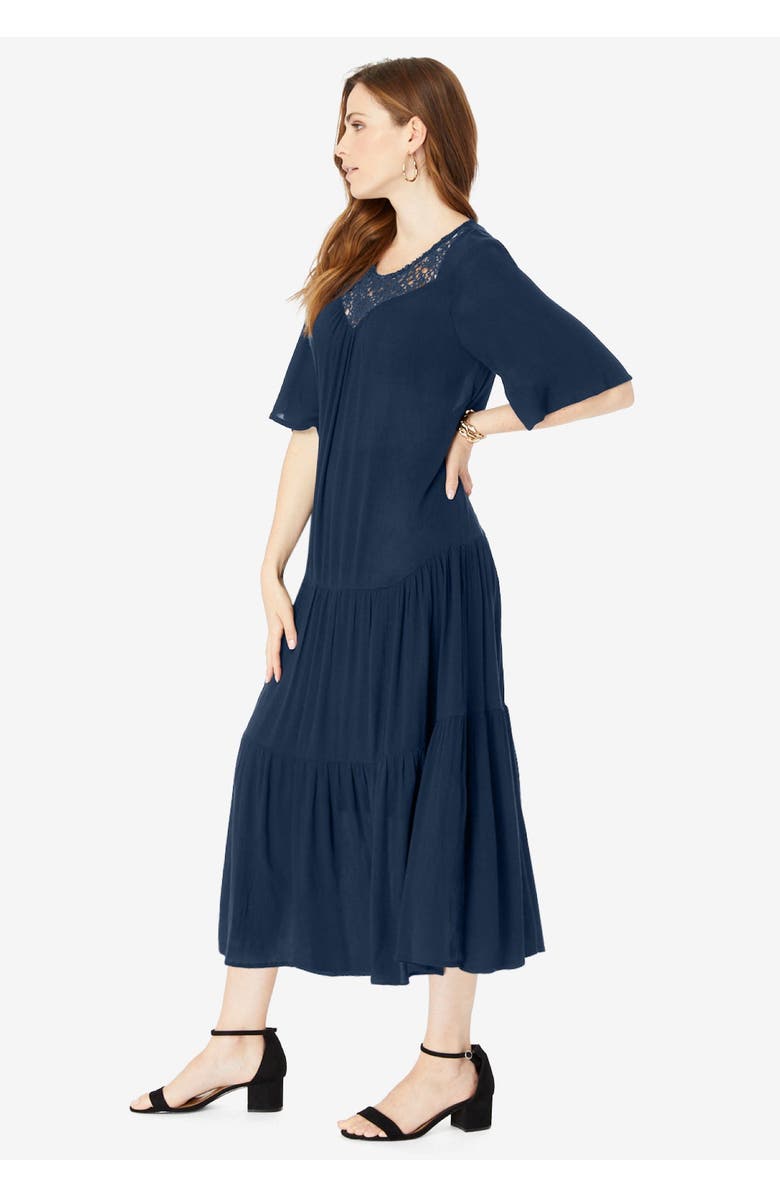 Roaman's Hand-Crinkled Crochet Neck Dress, Alternate, color, Black