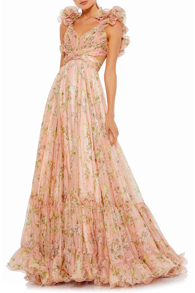 Ruffle Tiered Floral Cut-Out Chiffon Gown, Main, color, PINK MULTI