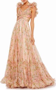Mac Duggal Ruffle Tiered Floral Cut-Out Chiffon Gown