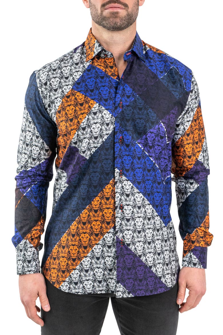Fibonacci Lion Print Contemporary Fit Button-Up Shirt, Main, color, BLACK