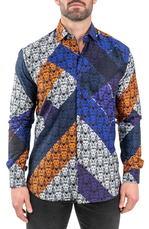 Fibonacci Lion Print Contemporary Fit Button-Up Shirt