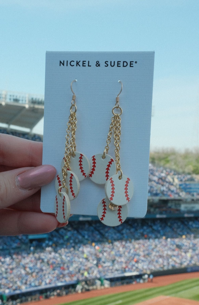 Nickel & Suede Slugger Baseball Leather Earrings, Alternate, color, Silver