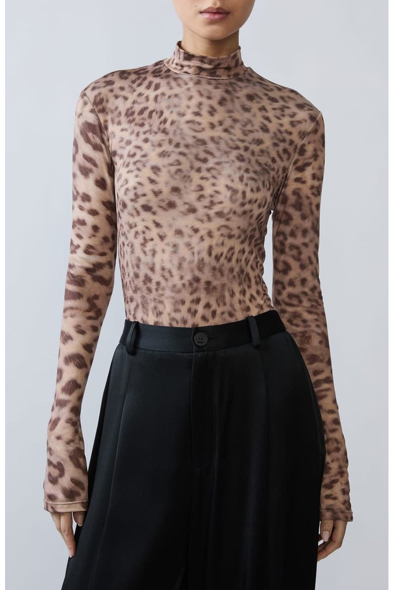 Printed Jersey Mock Neck Bodysuit, Main, color, Snow Leopard