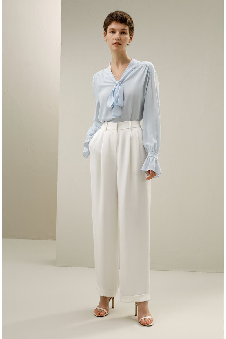 Silk V-neck Ribbon Blouse, Alternate, color, Illusion blue