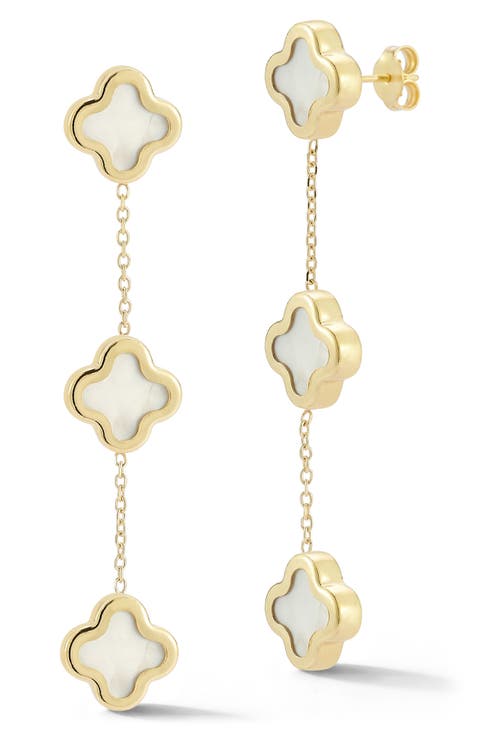 14K Gold Mother of Pearl Clover Link Drop Earrings