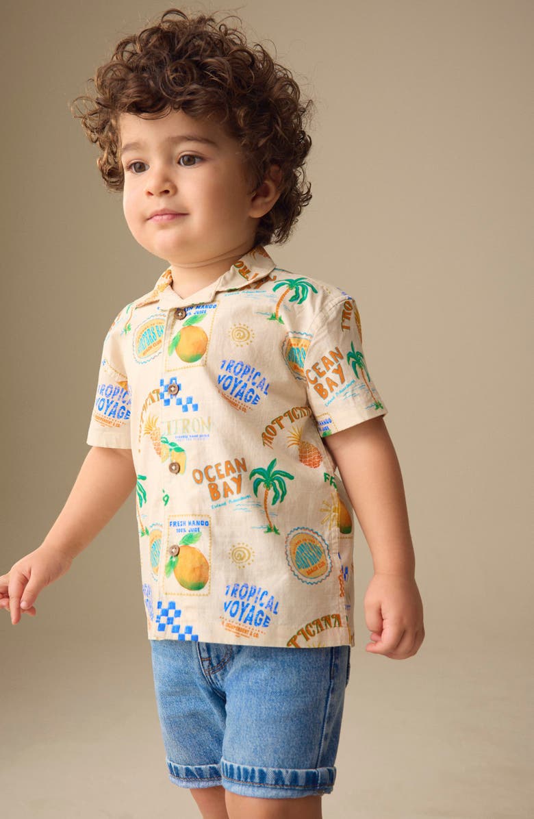 NEXT Kids' Fruit Print Short Sleeve Button-Up Shirt, Alternate, color, Beige Multi