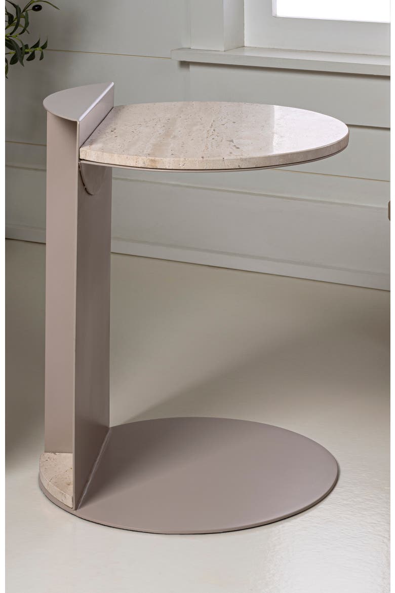 Evelyn Modern Round Marble C-Shaped End Table, Iron Frame Sofa Side Snack Table for Living Room or Bedroom, Alternate, color, Beige/Pink Beige