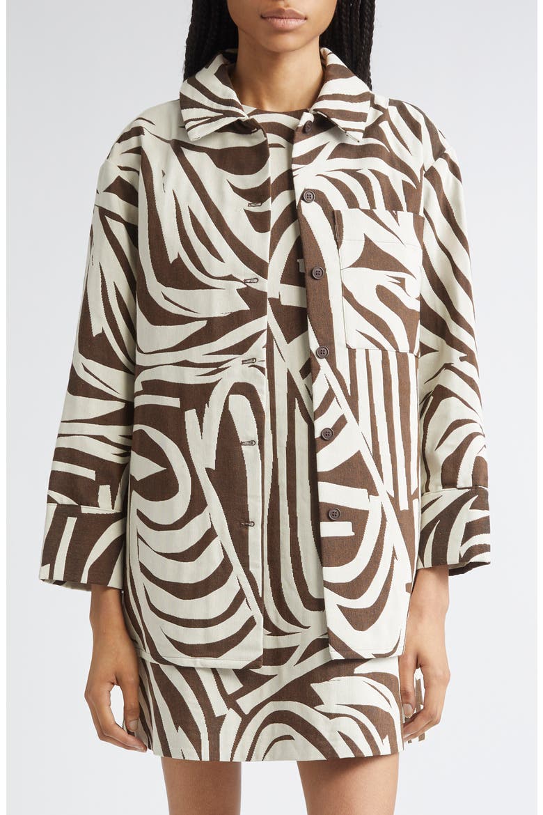 Rakenne Jokuraita Abstract Print Cotton Blend Jacket, Main, color, LIGHT BEIGE, DARK BROWN