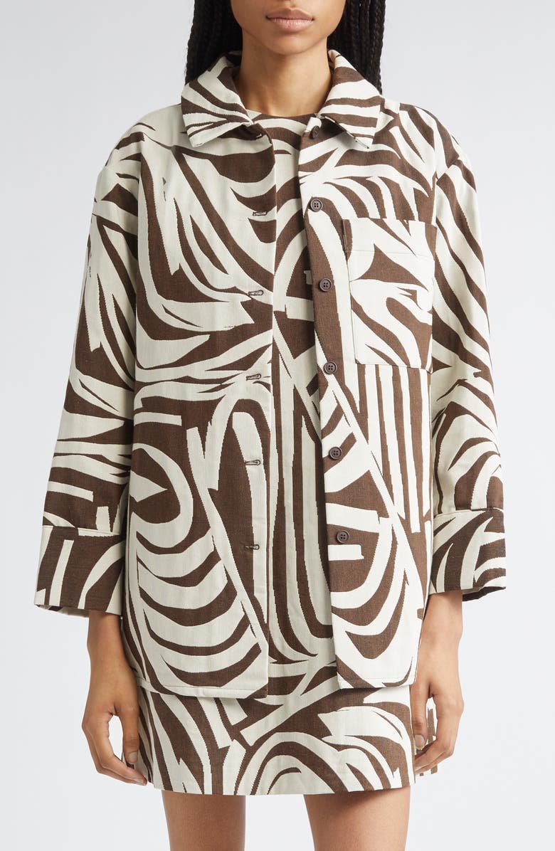 Marimekko Rakenne Jokuraita Abstract Print Cotton Blend Jacket, Main, color, Light Beige, Dark Brown