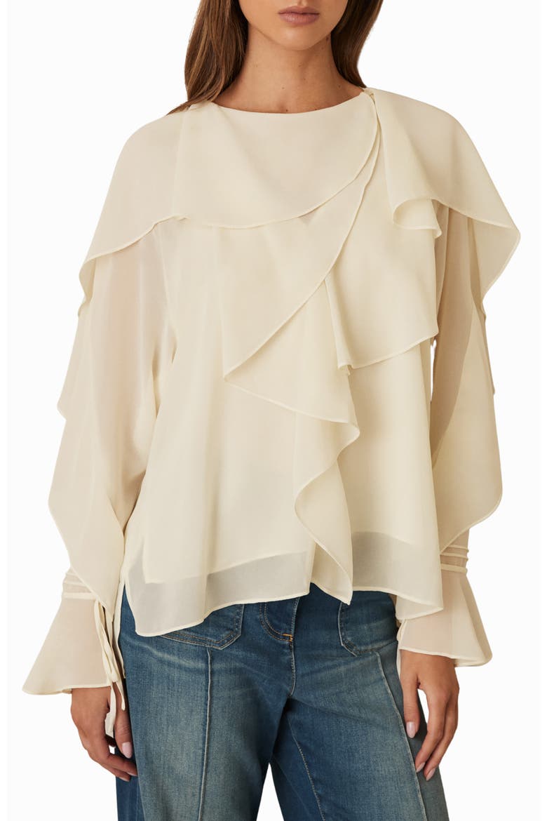 Milo Semisheer Ruffle Fluted Sleeve High-Low Top, Main, color, CREAM
