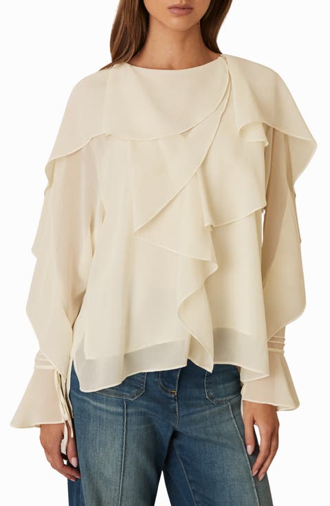 Milo Semisheer Ruffle Fluted Sleeve High-Low Top