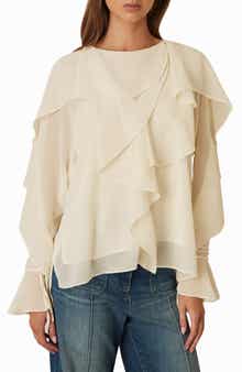 Reiss Milo Semisheer Ruffle Fluted Sleeve High-Low Top