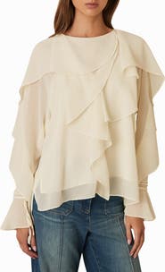 Reiss Milo Semisheer Ruffle Fluted Sleeve High-Low Top