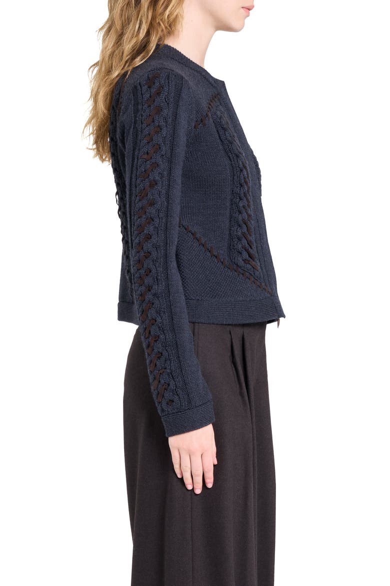 Suede Detail Wool Cable Cardigan, Alternate, color, CHARCOAL