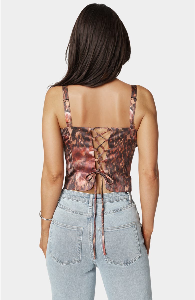 bebe Tie Front Ruched Bust Satin Corset, Alternate, color, Blooming Cheetah Print