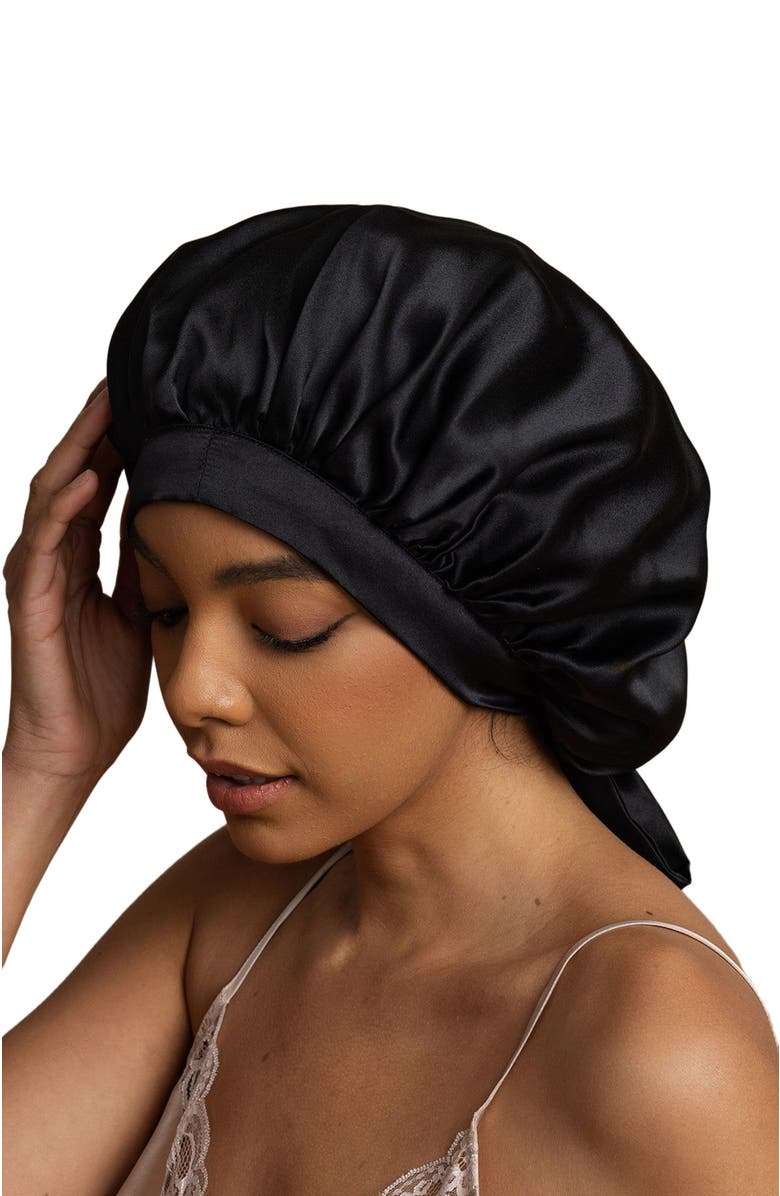 SILKSILKY Women's Mulberry Silk Bonnet with Long Ribbons, Alternate, color, Black