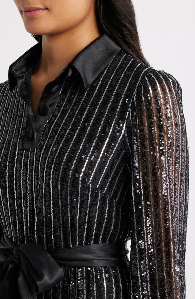 Eliza J Sequin Stripe Long Sleeve Belted Shirtdress, Alternate, color, Black Silver