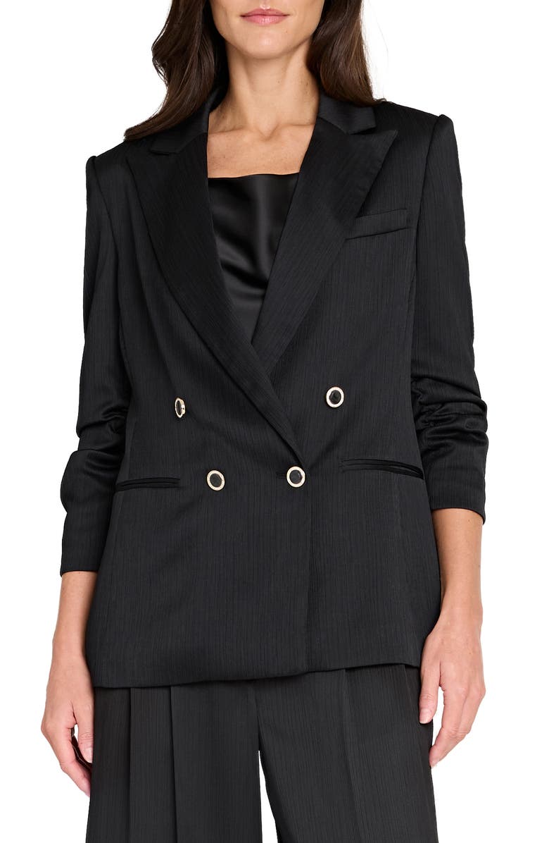 Tahari ASL Double Breasted Crinkle Satin Blazer, Main, color, Black