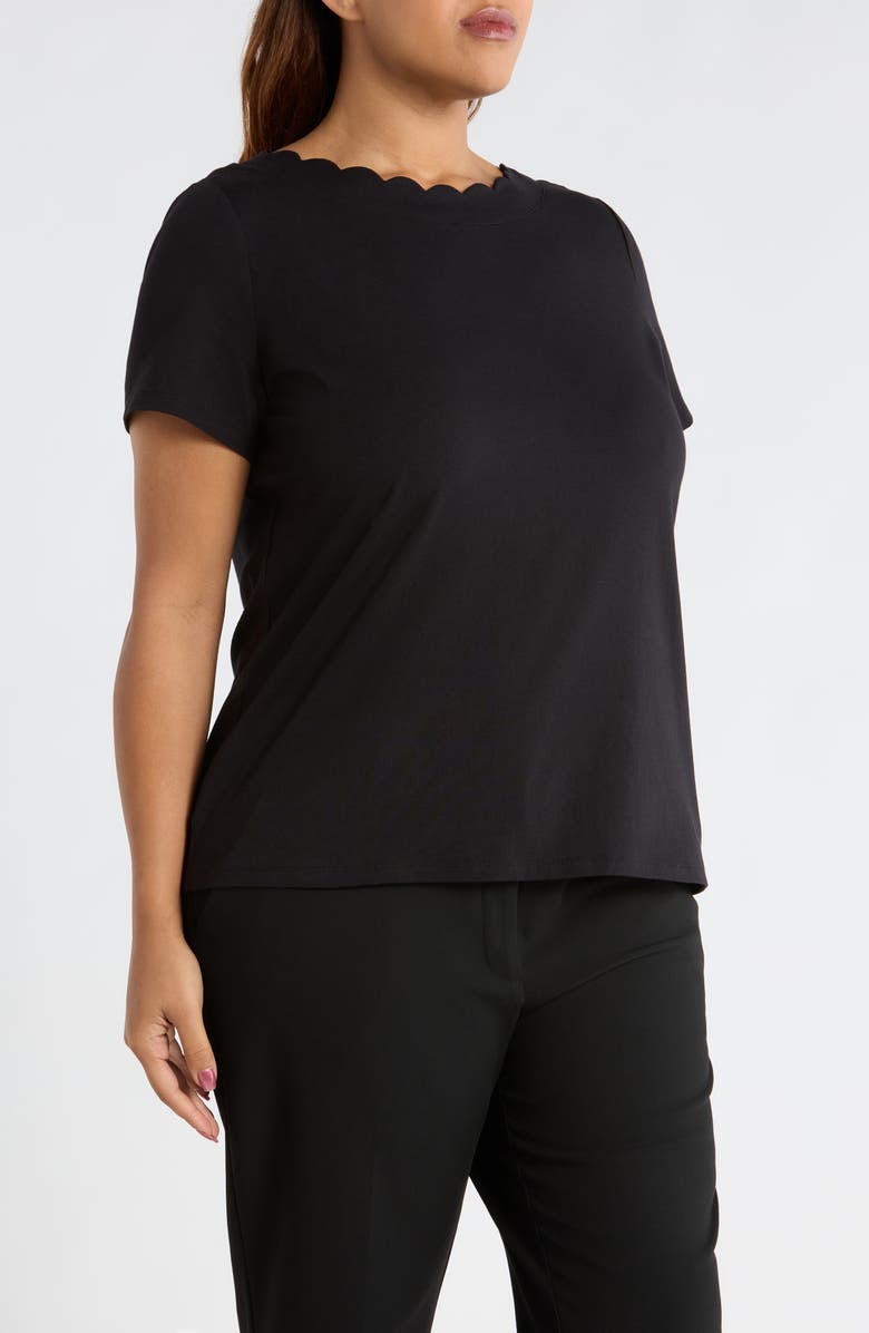 AK ANNE KLEIN Scallop Jewel Neck Stretch Cotton T-Shirt, Alternate, color, Anne Black