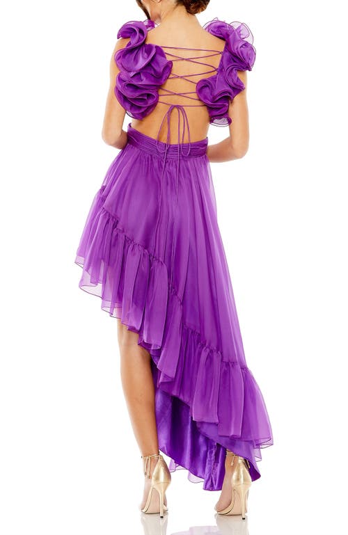 Mac Duggal Ruffle Tiered Cut-out Chiffon High Low Gown In Orchid