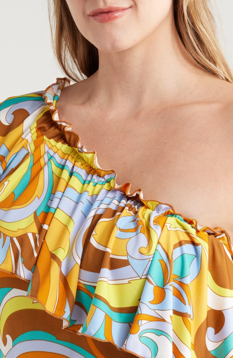 24seven Comfort Apparel Mod Floral Print One-Shoulder Minidress, Alternate, color, Yellow Multi