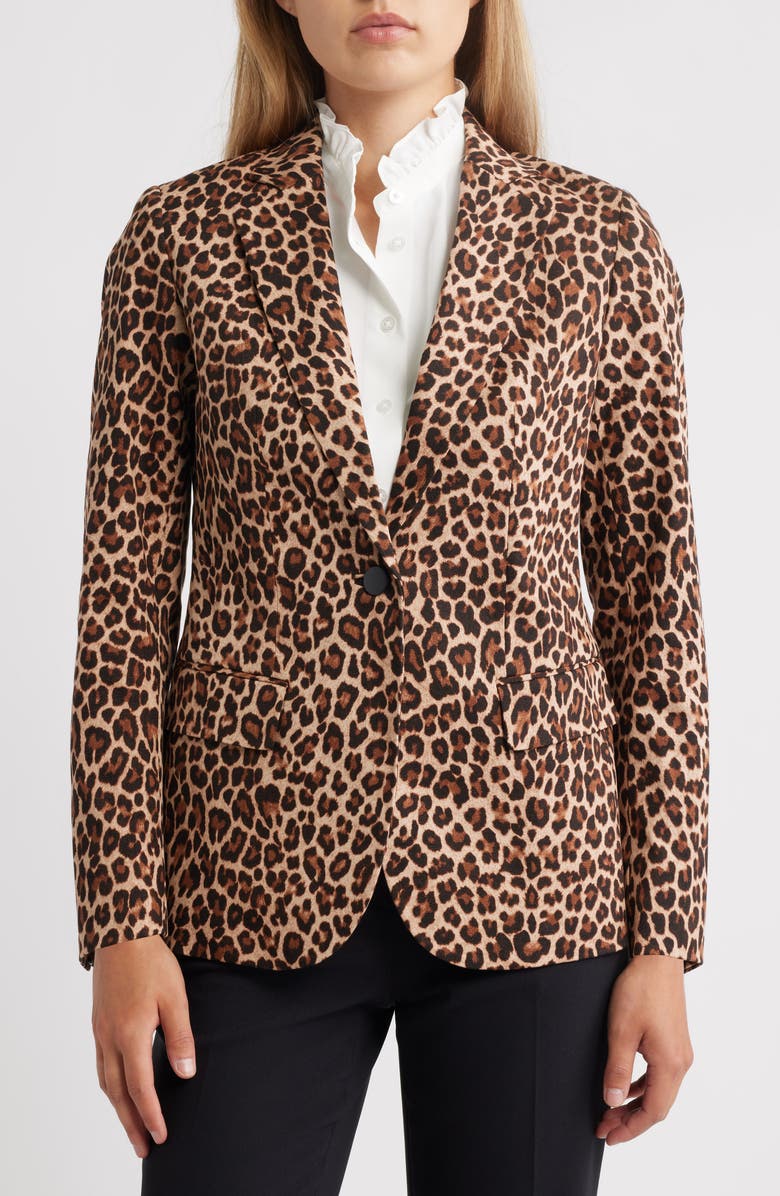 Anne Klein One-Button Stretch Cotton Blazer, Alternate, color, Anne Black/Brown Leopard Print