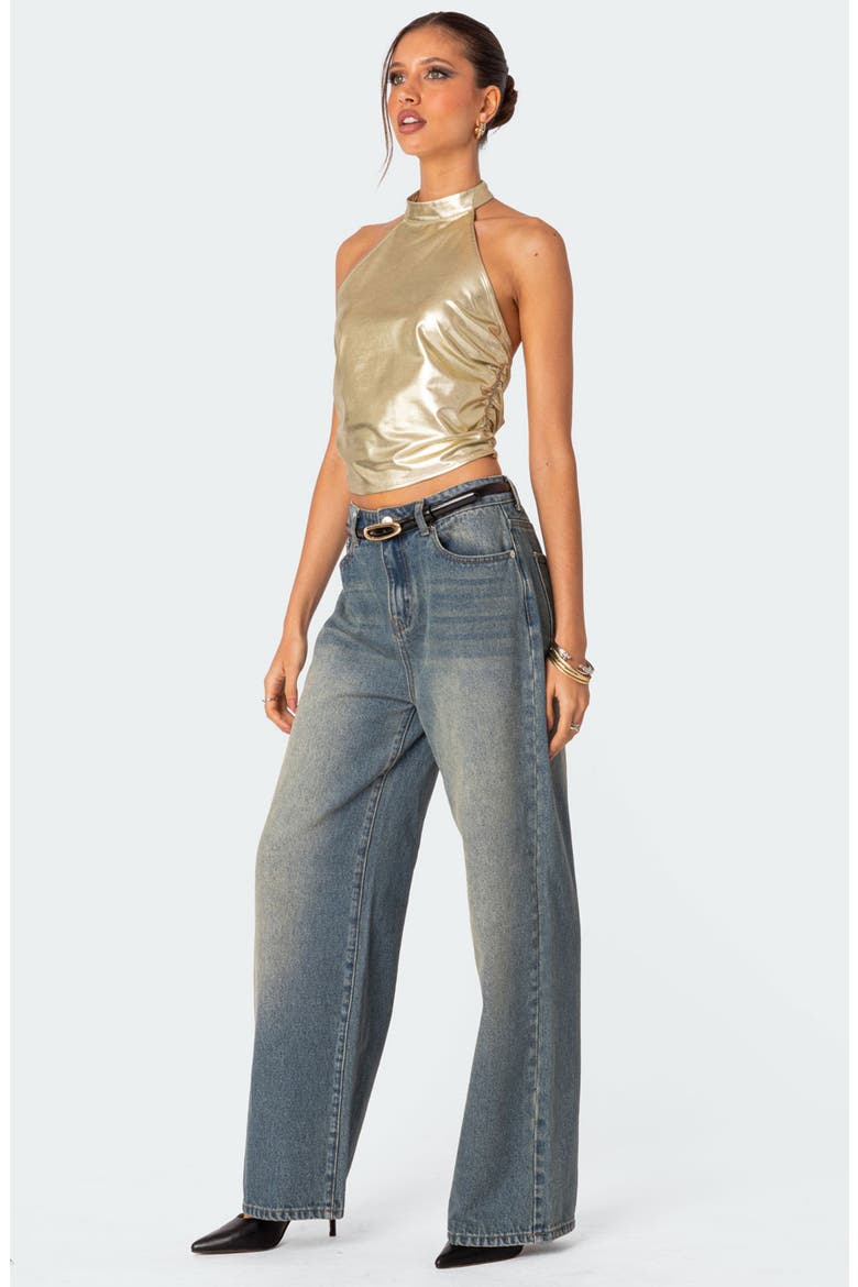 Karter Metallic Halter Neck Crop Top, Alternate, color, GOLD