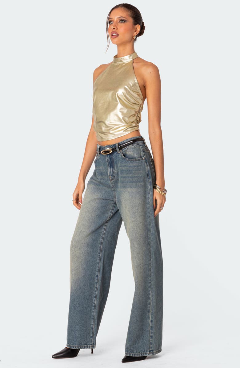 EDIKTED Karter Metallic Halter Neck Crop Top, Alternate, color, Gold