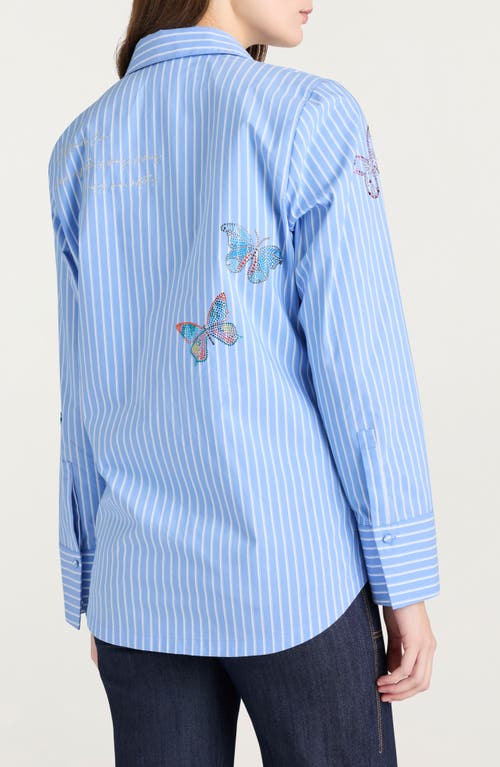 Cinq À Sept Lisa Beaded Butterfly Stripe Cotton Blend Button-up Shirt In Blue